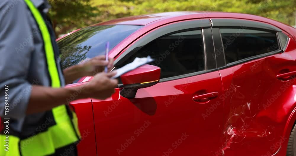 A dedicated male insurance agent captures the scene of a traffic accident, expertly framing the moment in stunning 4K resolution. In the foreground, a striking red warning triangle stands out against 