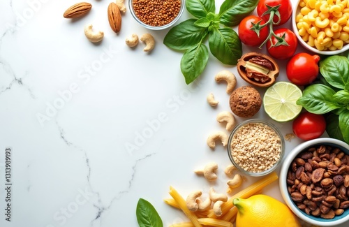 Top view of diet meal plan with healthy food ingredients. Pasta, tomatoes, nuts, basil, lemon, seeds on white marble table. Balanced menu, calorie control, slimming, nourishment concept, cooking