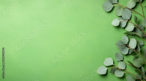 Green Eucalyptus Leaves Border on a Green Background