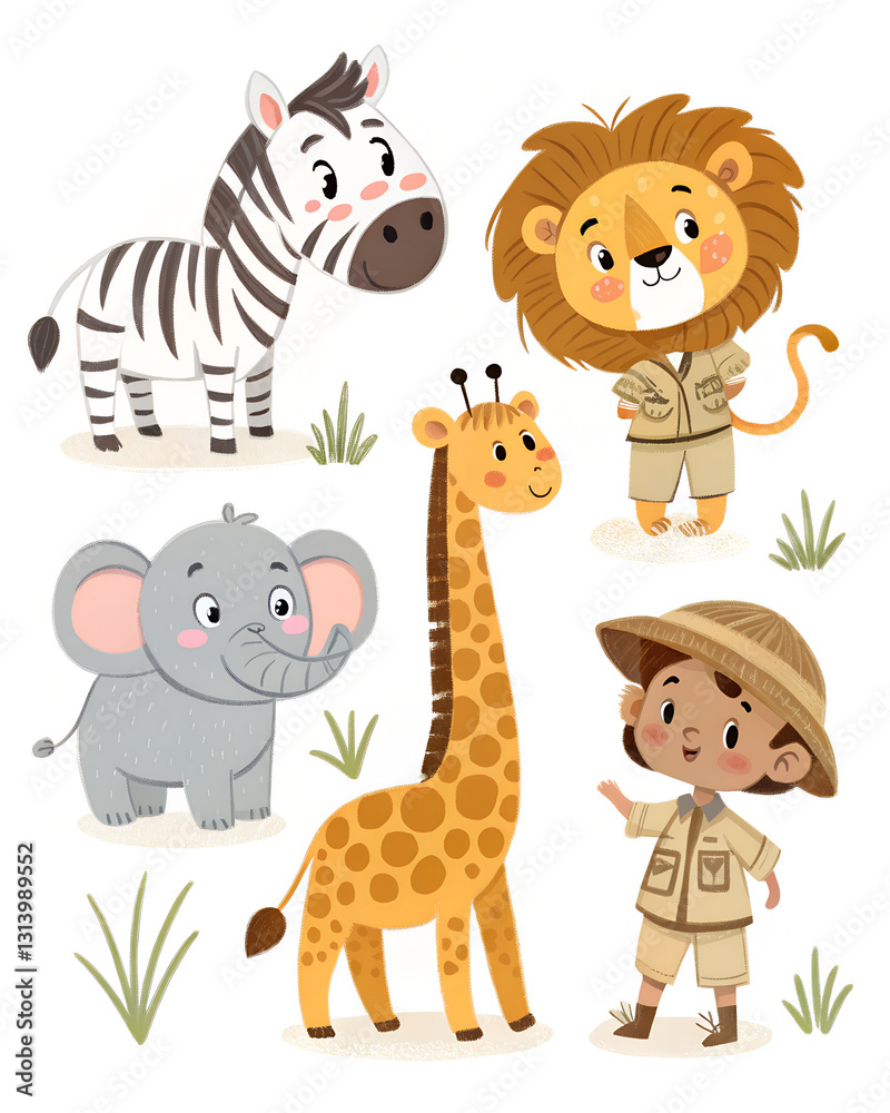 A cute cartoon featuring a zebra, lion, elephant, giraffe, and a young explorer A cute cartoon featuring a zebra, lion, elephant, giraffe, and a young explorer