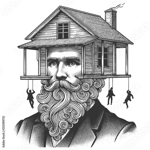 thoughtful man in a suit with a house replacing the top of his head, symbolizing home and mind connection sketch engraving generative ai vector illustration. Scratch board. Black and white image.