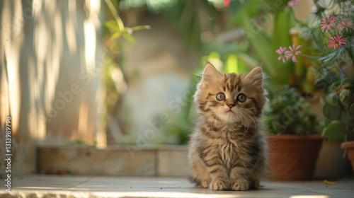 kitten standing on the park  in the morning with copy space