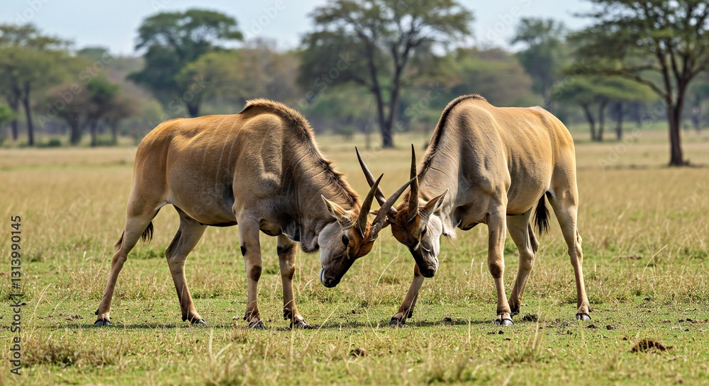 A Common Eland Bull Challenging Another Male, Their Horns Locked in a Brief Struggle A Common Eland Bull Challenging Another Male, Their Horns Locked in a Brief Struggle