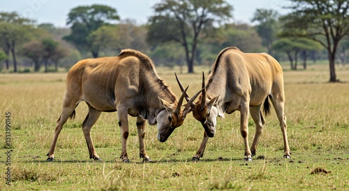 A Common Eland Bull Challenging Another Male, Their Horns Locked in a Brief Struggle
