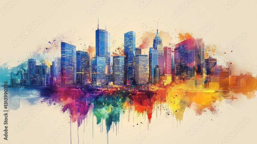 Φωτογραφία Colorful Watercolor City Skyline Abstract Art with Vibrant Hues and Playful Brus