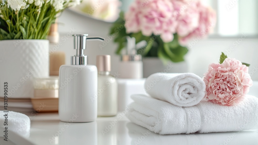 Serene Bathroom Still Life with White Towels and Hydrangeas for a Spa-Like Experience Serene Bathroom Still Life with White Towels and Hydrangeas for a Spa-Like Experience