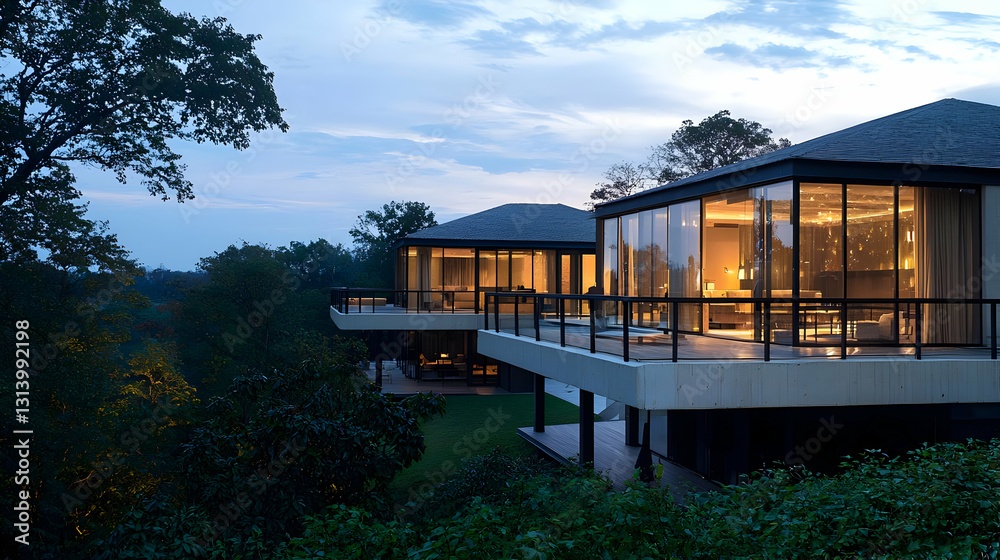 Modern Luxury Home Exterior At Dusk With Illuminated Windows Glass Balcony Terrace And Lush Green Landscape View Modern Luxury Home Exterior At Dusk With Illuminated Windows Glass Balcony Terrace And Lush Green Landscape View