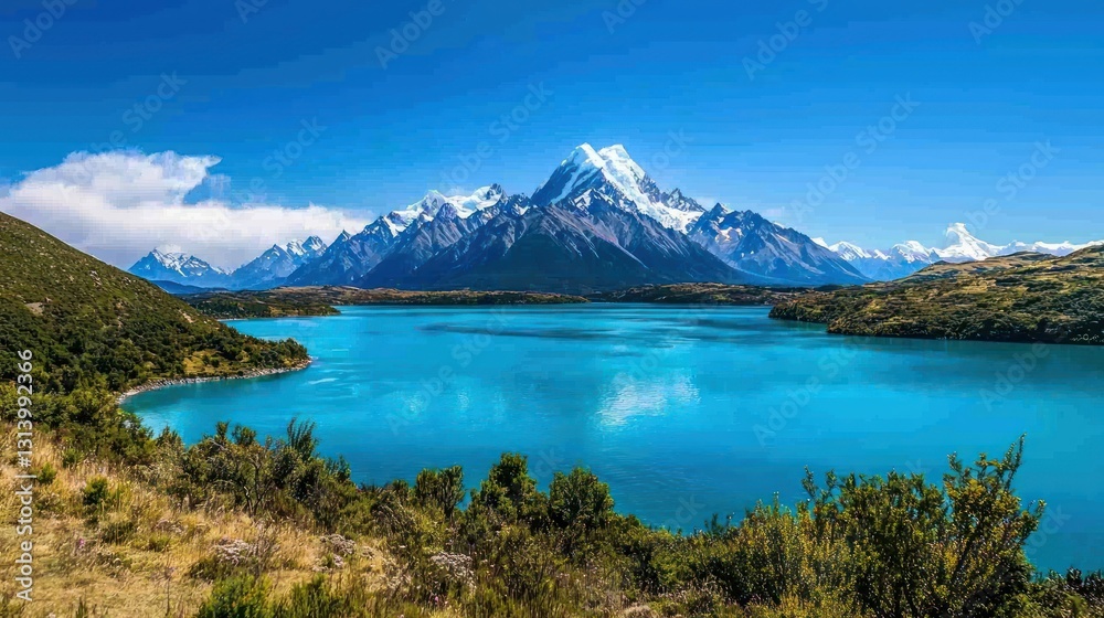 Stunning turquoise lake mirroring snow-capped mountains under a vibrant blue sky. Stunning turquoise lake mirroring snow-capped mountains under a vibrant blue sky.