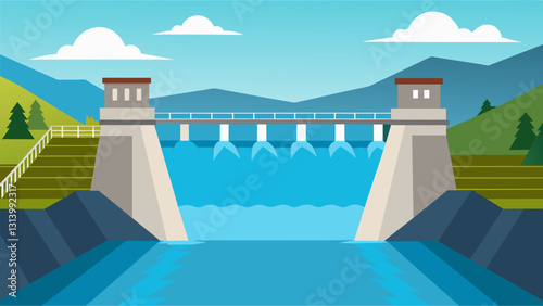 The calm waters on one side of the dam give way to a thundering force as they are released through the generators on the other side.. Vector illustration