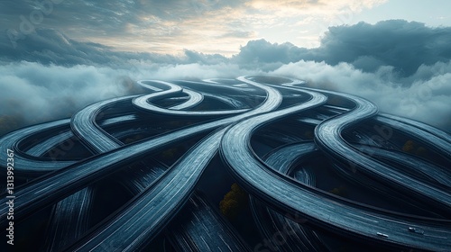 Tangled roads with a cloudy sky. 