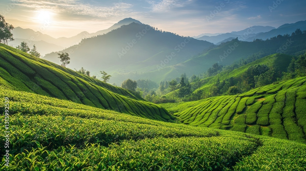 Fototapeta premium Lush Tea Plantation: A Verdant Landscape of Rolling Hills and Mountainous Beauty