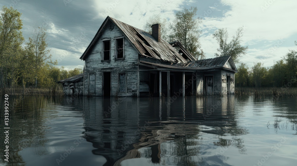Fototapeta premium Submerged Solitude: A Flooded Rustic House in the Swamp