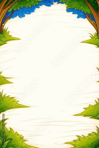Frame Forest foliage surrounds blank copy space, stars peeking through trees above, light gradient