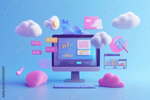 A conceptual 3D SEO environment with search engine elements, ranking graphs, and keyword clouds floating around a central computer.