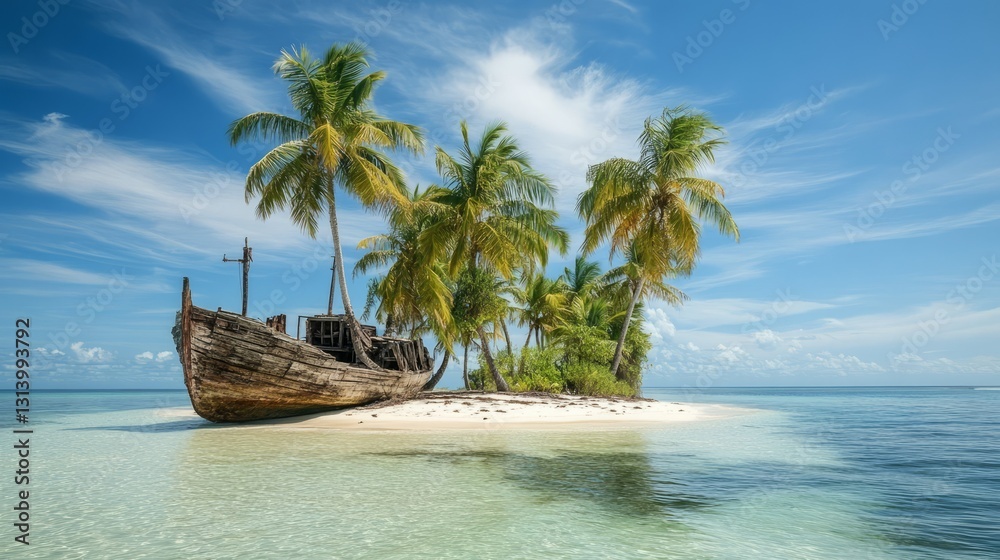 Fototapeta premium Tropical island with an old pirate shipwreck resting on the beach, overgrown with palm trees