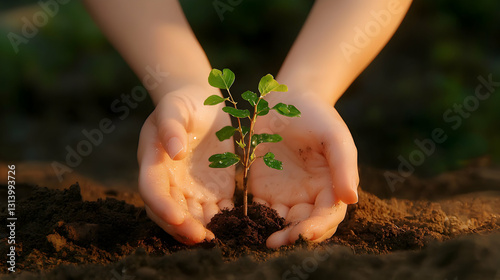 Hands holding a small seedling planted in the dark earth carefully photo