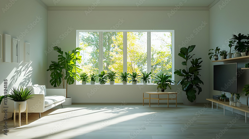 Fototapeta premium Bright Airy Living Room With Abundant Plants White Sofa and Warm Sunlight Streaming Through Large Window