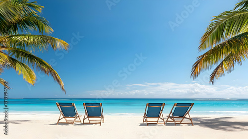 Four Empty Blue Beach Chairs On White Sand Tropical Beach