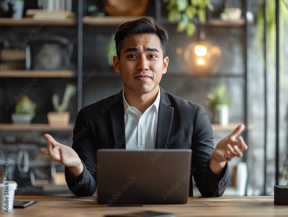 Professional Man Discussing Topics with Laptop in Modern Workspace Setting Professional Man Discussing Topics with Laptop in Modern Workspace Setting