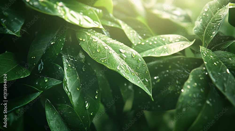 Fototapeta premium Vibrant green leaves with morning dew, soft sunlight, intricate details, natural freshness, dense foliage, botanical textures, close-up view, lush and realistic