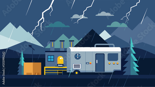 In the midst of a severe storm a diesel generator kicked into action at a remote research facility keeping the lights on and experiments running. Vector illustration