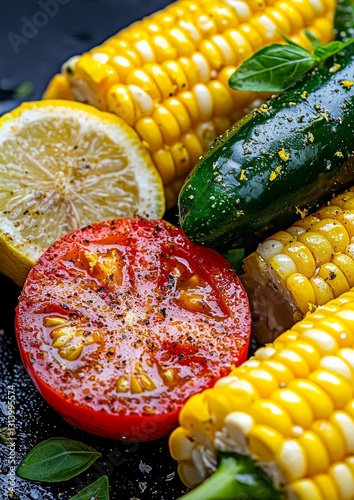Delicious organic summer vegetables such as corn, tomato, cucumber, eggplant, zucchini, pepper, paprika, green pepper, and purple cabbage can be found in the refrigerator