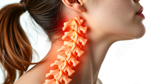 Pain in the cervical spine in a female patient on a white background. Concept of diseases of osteochondrosis, protrusions and hernias of the cervical spine. Copy space for text