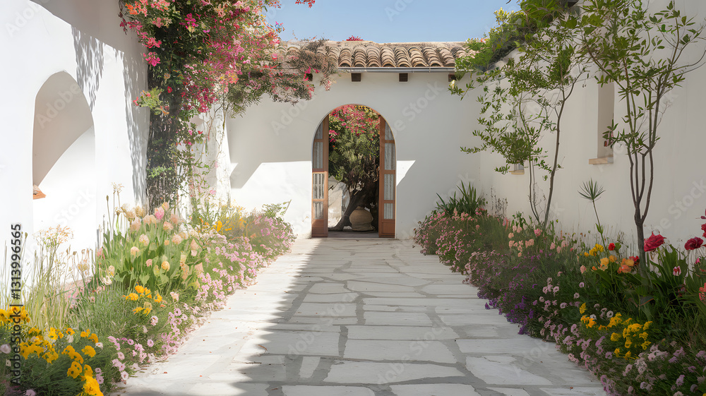 Fototapeta premium A sunlit courtyard with a stone path and colorful flowers growing on the edges.
