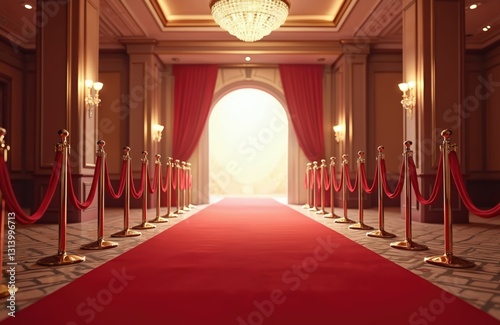 Elegant red carpet entrance with velvet rope, golden stanchions, bright light, luxury interior. Festive glamorous hall prepared for VIP celebrity event, award ceremony, movie premiere or gala night.