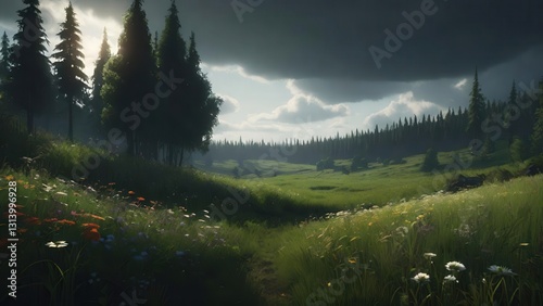 splendida vallata immersa nella natura, dove prati fioriti si estendono a perdita d’occhio, incorniciati da foreste di conifere che si stagliano verso il cielo photo