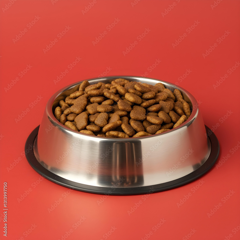 Stainless steel bowl with hypoallergenic lamb dry cat food for sensitive cats on red background