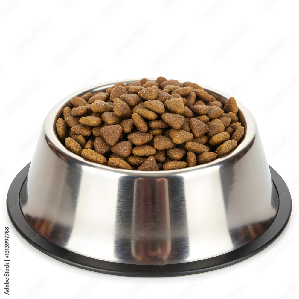 Stainless steel bowl with mixed chicken and fish dry cat food for adult cats
