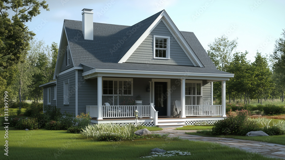 Fototapeta premium This gray Cape Cod style vacation home presents a minimalist yet elegant design, perfect for a peaceful getaway.