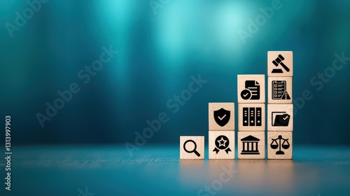 Wooden blocks with icons representing governance risk and compliance on a blue background, GRC concept for corporate policy, risk management, and regulatory compliance