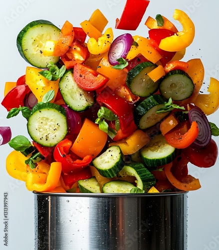 Fresh vegetables pouring into a stainless steel casserole pot