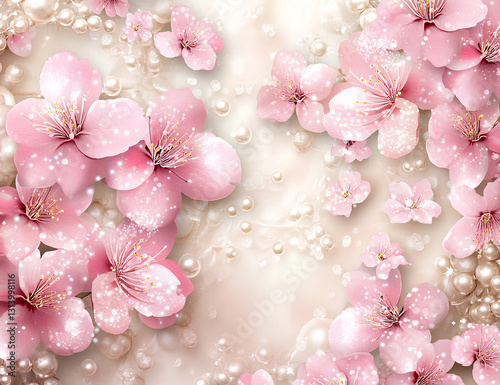 3d wallpaper with pink flowers and pearls background