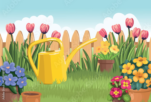 Backyard with a fence, flowers in pots and a watering can. Beautiful spring landscape. Blooming garden. Flower care.