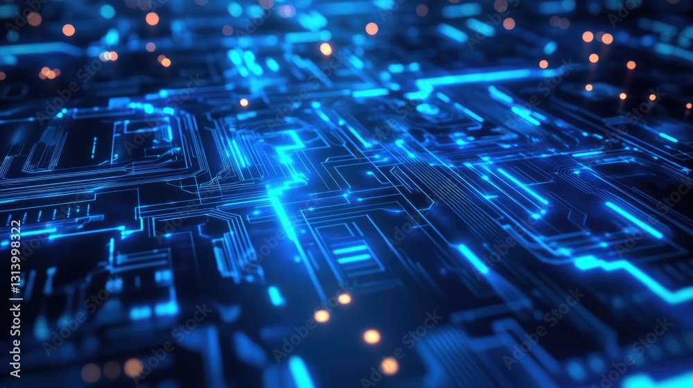 A glowing blue circuit board showing complex technological connections A glowing blue circuit board showing complex technological connections