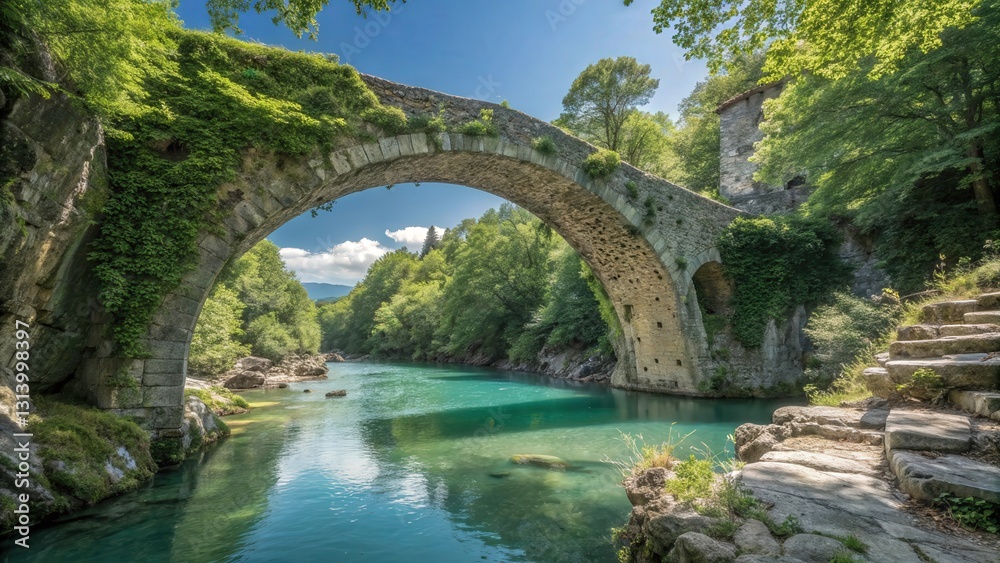 This stunning image features an ancient stone bridge arching gracefully over a crystal-clear river. This stunning image features an ancient stone bridge arching gracefully over a crystal-clear river.