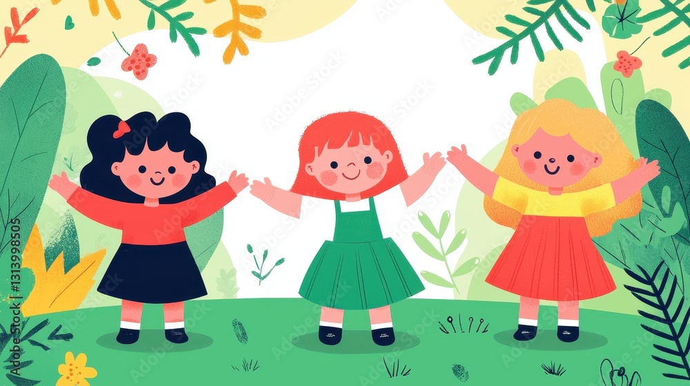 Three Cheerful Children in Nature with Colorful Outfits and Smiles Three Cheerful Children in Nature with Colorful Outfits and Smiles