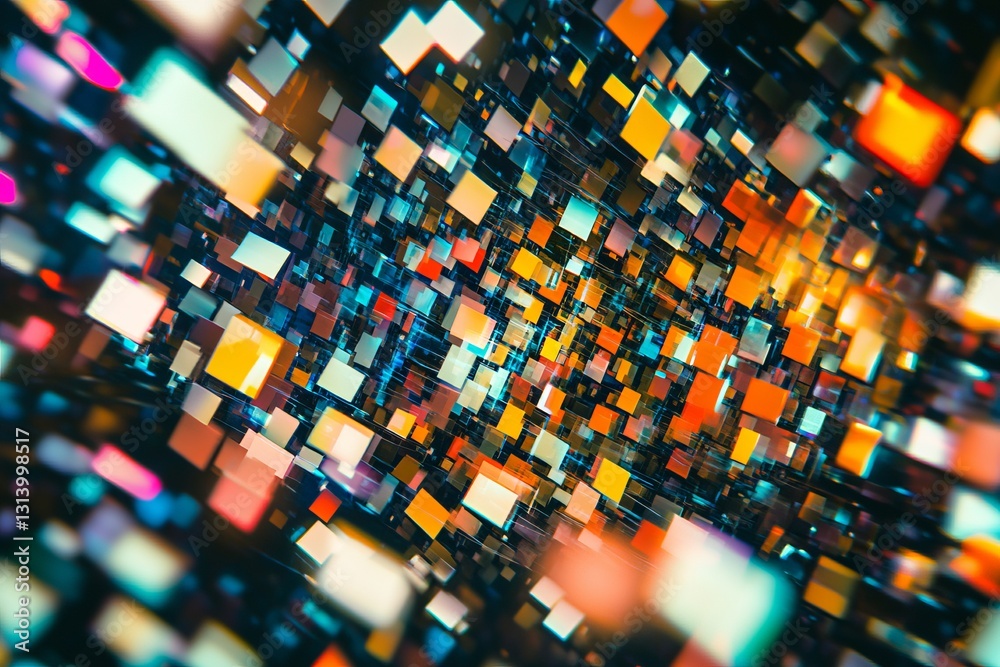 Obraz premium Experience a mesmerizing display of colorful squares floating in motion, creating a dynamic sense of depth and vivid light effects in an abstract design.