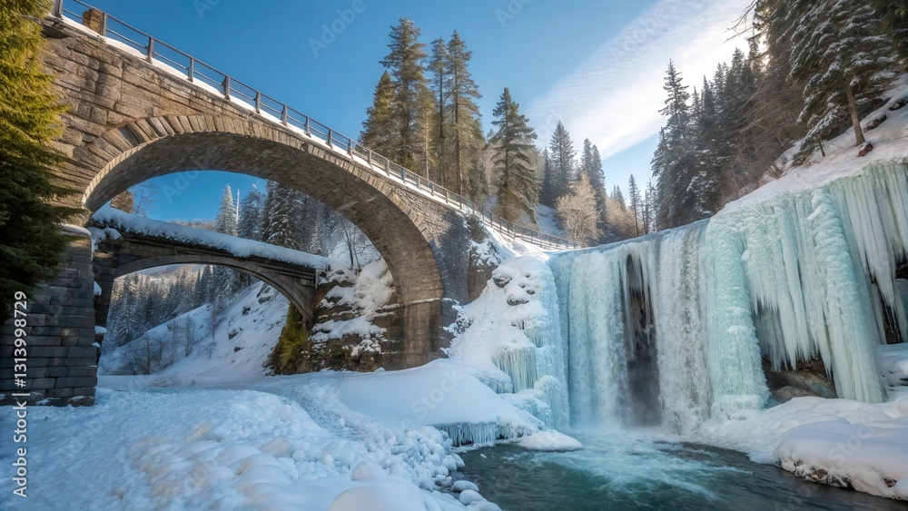 A stone bridge is encased in a frozen waterfall, creating a stunning winter wonderland. A stone bridge is encased in a frozen waterfall, creating a stunning winter wonderland.