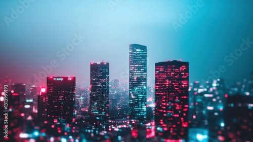 Futuristic Urban Cityscape at Night with Neon Lights and Fog