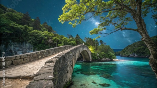 A stone bridge arches over a glowing bioluminescent bay, its stonework weathered and textured by the elements.