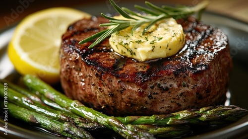 A succulent grilled steak, topped with herb butter and accompanied by grilled asparagus spears. The dish is garnished with a sprig of rosemary and a wedge of lemon to enhance the flavors.
