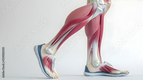 Detailed illustration displays the musculature and skeletal system of a human leg