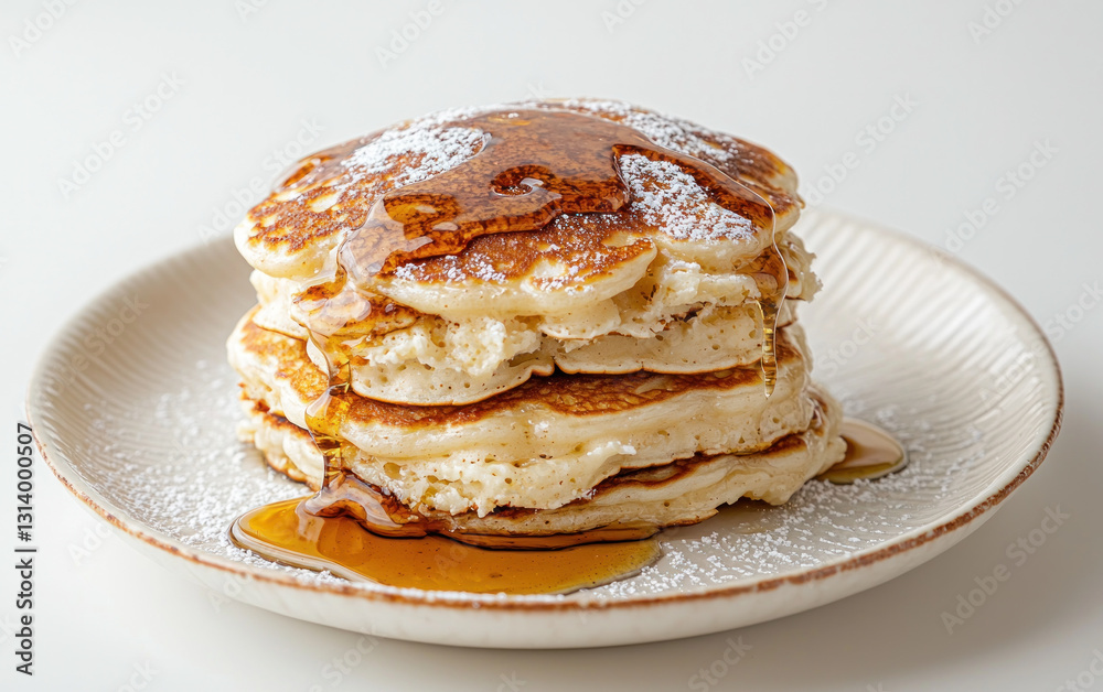 Golden Pancakes Stack with Syrup and Powdered Sugar Golden Pancakes Stack with Syrup and Powdered Sugar