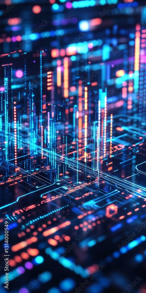 Obraz premium Colorful Abstract Digital Data Visualization with Neon Lights and Geometric Patterns