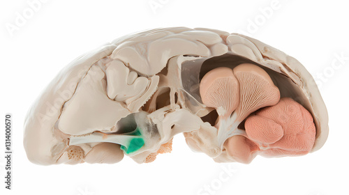 An anatomical model displaying the human brain and skull cross section photo