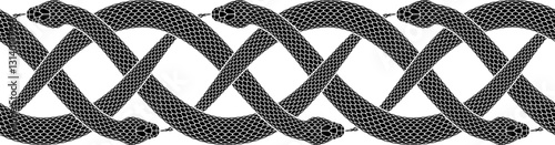 Vector tattoo design of black snakes biting their tails and intertwined in the shape of Celtic border. Isolated repeatable silhouette of traditional celtic ornamental ouroboros symbol.